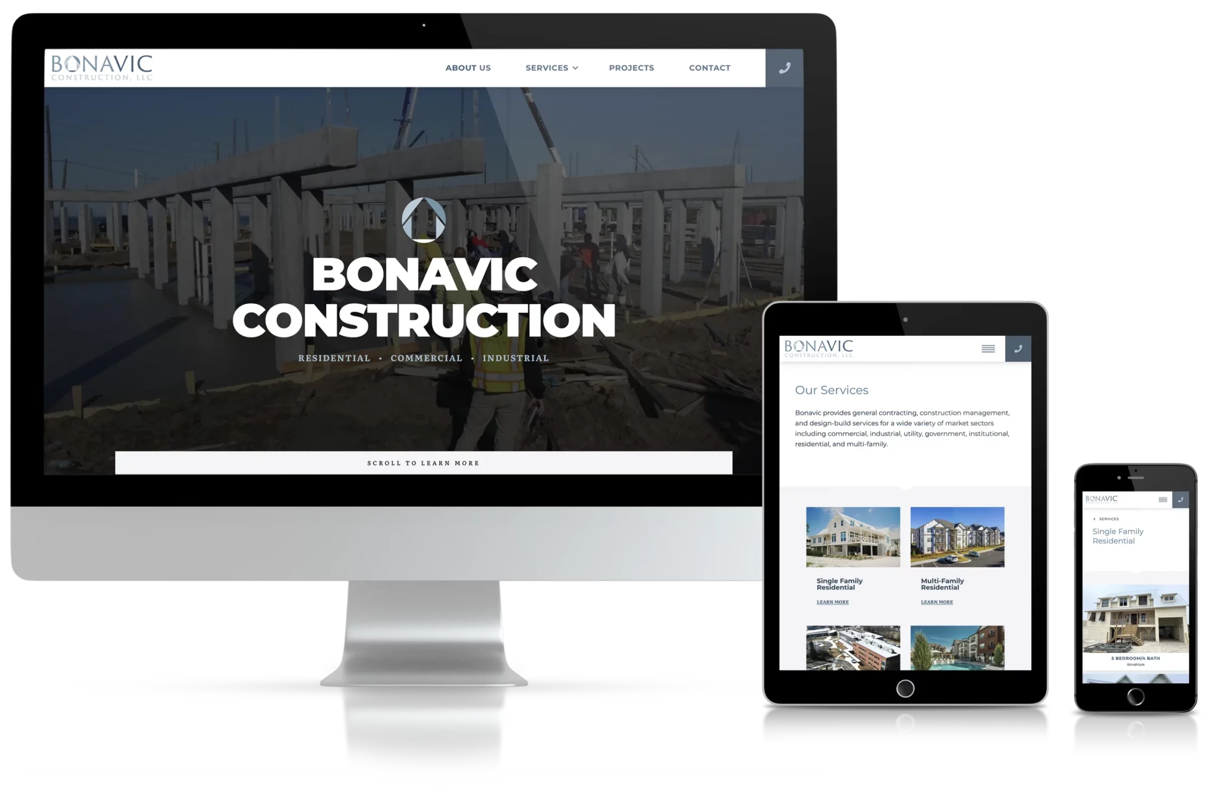 Computer screen, tablet screen, and phone screen showing Bonavic Construction's website.